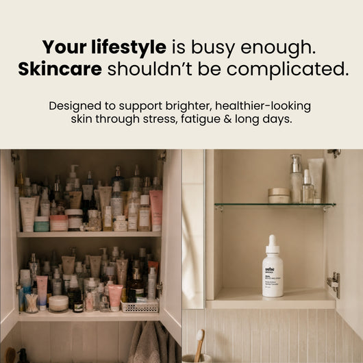 Before using Uchè Minerals: complex routine, damaged and dehydrated skin. After: simple routine with healthy, nourished glowing skin. Real results for busy young lives