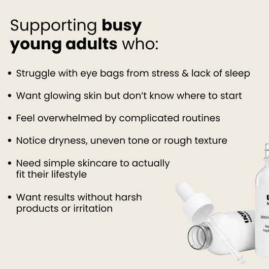 Uchè Minerals PDRN Brightening Serum designed for busy young adults struggling with dryness, uneven tone, fatigue and complicated skincare routines
