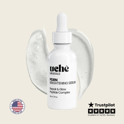Uchè Minerals PDRN Brightening Serum 30ml bottle with serum texture swirl, Made in USA badge and Trustpilot Excellent 4.7 rating
