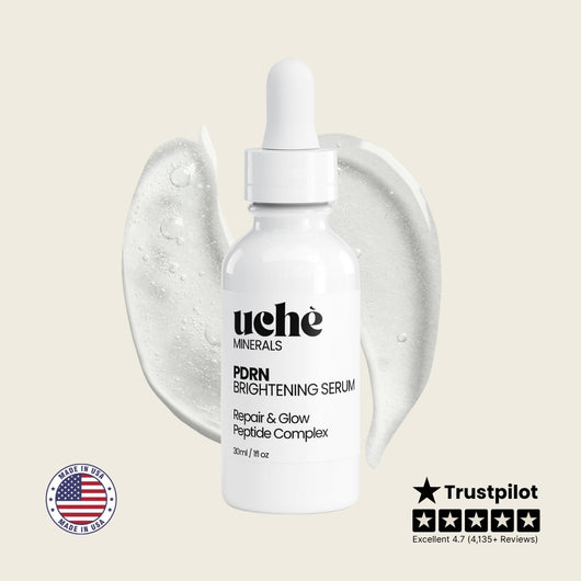 Uchè Minerals PDRN Brightening Serum 30ml bottle with serum texture swirl, Made in USA badge and Trustpilot Excellent 4.7 rating
